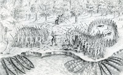 Fighting of Hurons, från Voyage de Champlain 1624 av Samuel de Champlain, 1567-1635 av French School