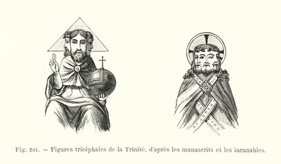 Trehövdade figurer av treenigheten, från manuskript och inkunabel (gravyr) av French School