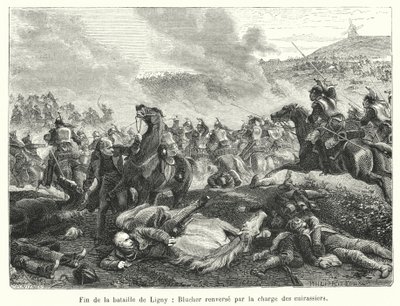 Slutet på slaget vid Ligny, Blucher störtad av cuirassiers anfall (gravyr) av French School