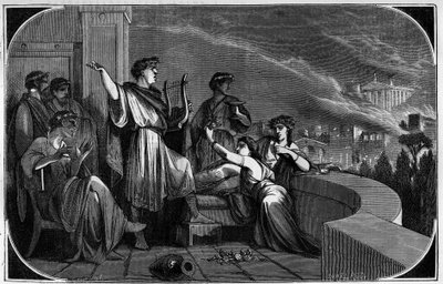 Fire of Rome av Neron. Mellan 18 och 24 juli 64 ödelades staden Rom av en stor brand som påstås ha orsakats av kejsar Nero för att anklaga och förfölja de kristna. Gravyr i "Histoire des Papes-Rois-Queen and Empereurs a travers les centuries"" av av French School