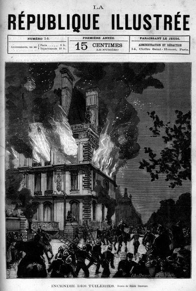 Brand i Flore-paviljongen i Tuilerierna i Paris. En tidning. Gravyr från 1880 i "La republique illustree"" privat samling. av French School