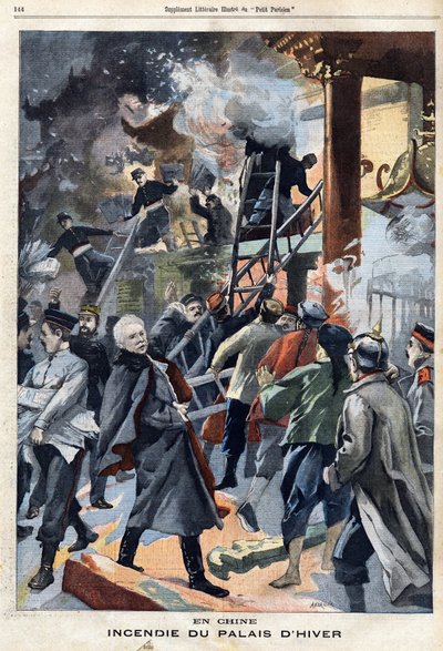 Vinterpalatsets eld i Pekin, Kina, i "Le Petit Parisien"" 1901-05-05 (gravyr) av French School