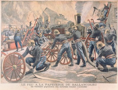 Brandmän som bekämpar en brand vid ett pappersbruk i Ballancourt, från Le Petit Journal, 1905 av French School
