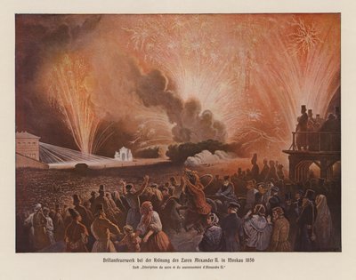 Fyrverkeri i samband med kröningen av Alexander II, kejsare av Ryssland (färglitografi) av French School