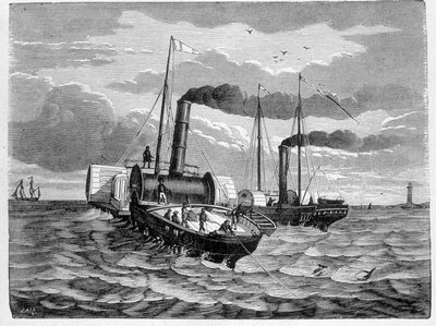 Första försöket för installation av en elektrisk ledare från Dover till Calais (1851) - i "" Album of Science; berömda vetenskapsmän; Stora upptäckter””” 1896. av French School