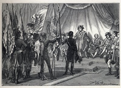 Första koalitionen: Joachim Murat (1767-1815) presenterar för styrelsen de flaggor som erövrades av den franska armén, under befäl av Napoleon Bonaparte, under det italienska fälttåget. Gravyr från 1889. Privat samling. av French School