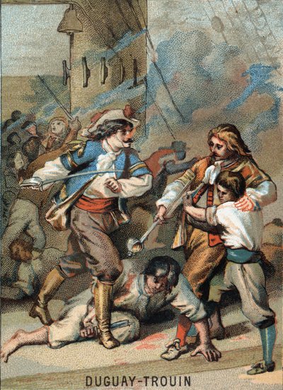 Första bedrift av Rene Duguay Trouin (Duguay-Trouin) (Rene Trouin du Gue dit) (1673-1736), fransk sjöman: Duguay - Trouin combatant Wassenaer (1695). Kromolitografi av serien ""Patriotisk utbildning genom bild"". av French School