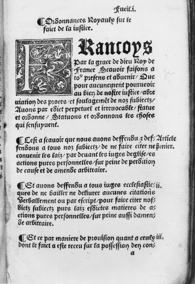 Första sidan från Villers-Cotterets förordning, 1539 (tryckt papper) av French School