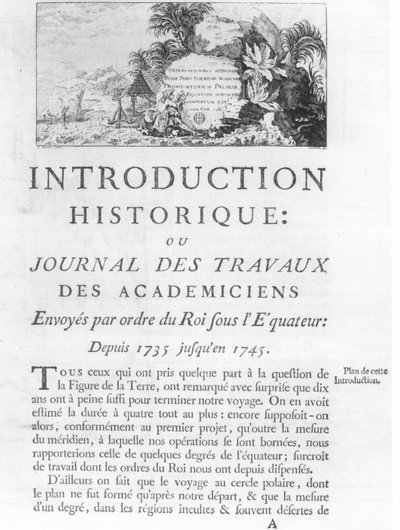 Första sidan i introduktionen till Journal des Travaux des Academiciens Skickat på kungens order under Ecuador från 1735 till 1745 av Charles Marie de La Condamine (1701-74) 1751 (bw av French School
