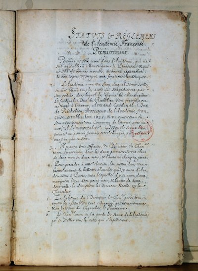 Första sidan i den franska akademins stadgar, 1635 (bläck på papper) (se även 179947) av French School