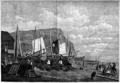 Fiskebåtar på Hastings Beach, England av French School