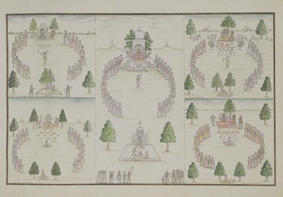 Fem hinduiska kulter: Shiva, Krishna, Vishnu, Brahma och Mother Goddess från The Gentil Album, publicerad 1774 av French School