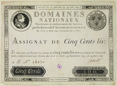 Femhundra livres sedel, 19 juni 1791 av French School