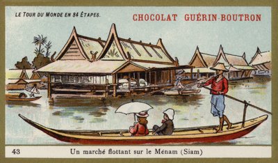 Flytande marknad vid floden Menam, Siam (chromolitho) av French School