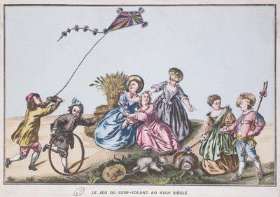 Att flyga en drake på 1700-talet (färggravyr) av French School