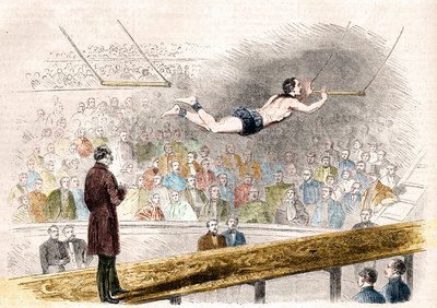 Flygande trapetsnummer av franska akrobaten Jules Leotard (1839-1870) vid Cirque de Napoleon (idag Cirque d