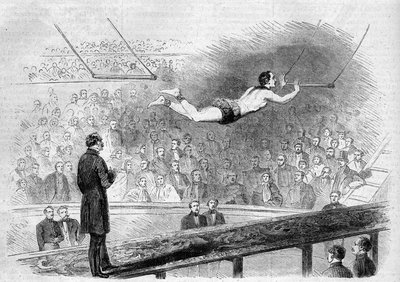 Flygande trapetsnummer av franska akrobaten Jules Leotard (1839-1870) vid Cirque de Napoleon (idag Cirque d