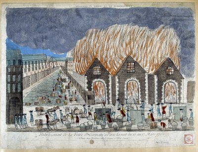 Fair of the Foire Saint Germain i Paris, natten mellan den 16 och 17 mars 1762 - gravyr av French School