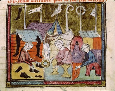 Fol.122v Merchants på Lendit Fair nära St. Denis, från Grandes Chroniques de France, 1375-79 av French School