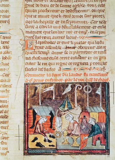 Fol.122v Merchants på Lendit Fair nära St. Denis, från Grandes Chroniques de France, 1375-79 av French School