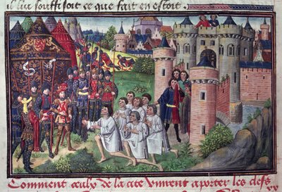 Fol.286v Hur invånarna i Babylon gav stadens nycklar till Alexander den store (356-323 f.Kr.) från manuskriptet av Jean Vauquelin, från Histoire du Grand Alexandre, 1460 av French School