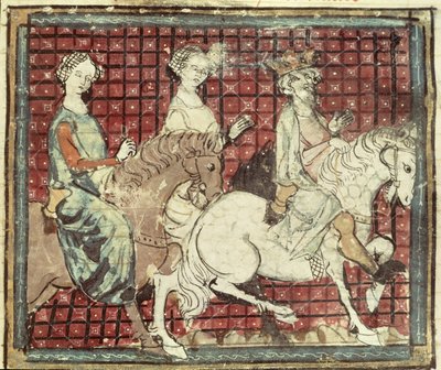 Fol.31r Chilperic I (543-97) och Fredegonde till häst, från Grandes Chroniques de France, 1375-79 av French School