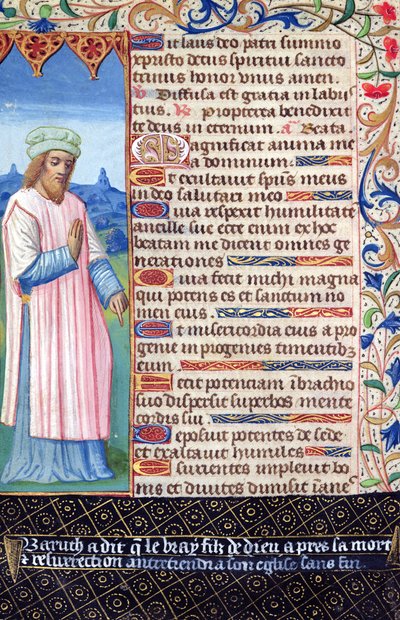 Fol.36v Text av Magnificat med ett porträtt av Baruch, från Heures a lUsage de Rome av French School