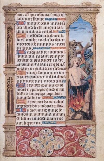 Fol.67r Textsida med en kantdetalj av en man som torterades av två demoner, från "Heures de l"Usage de Rome" av French School