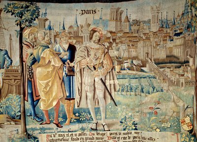 Fondation de la ville de Paris. Kung Francois I (1494-1547) bestämde sig för att etablera sin permanenta huvudstad i Paris när han återvände från fångenskapen 1527. Gobeläng av "Gallernas fantastiska historia"" gjord av Arras verkstad. 1530 Beauvais, avd av French School