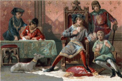 För distraktion brukade kungen av Frankrike Karl VI (1368-1422) spela kort. Kromolitografi omkring 1890. av French School
