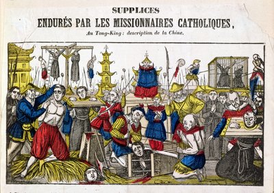 Former av tortyr som utstod av de katolska missionärerna i Tonking, Kina, 1840 av French School