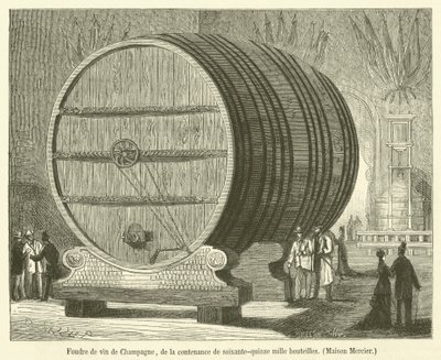 Foudre av Champagne-vin, med en kapacitet på sjuttiofemtusen flaskor, Maison Mercier (gravyr) av French School