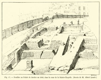 Utgrävningar vid Palais de Justice 1848, på innergården i Sainte-Chapelle, teckning av M Albert Lenoir av French School