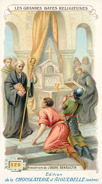 Stiftelsen av Benediktinerorden, 529 (chromolitho) av French School