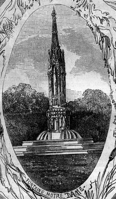 Fontänen i Paris: utsikt över Jungfrufontänen (Notre Dame-fontänen) (cirka 1845). Gravyr i "" Le Monde Illustré"" nr 254 den 22 februari av French School