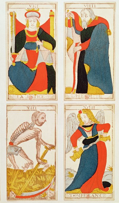 Fyra tarotkort föreställande rättvisa, nykterhet, död och eremiten (färgad trästick) av French School