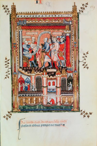 Fr 2091 fol.129 Sisinnius ger order till St. Denis och hans följeslagare framför honom, från Vie de St. Denis, 1317 av French School