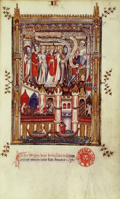 Fr 2092 f.1 Det första förhöret av St. Denis och hans följeslagare av Sisinnius, från Vie de St. Denis, 1317 av French School