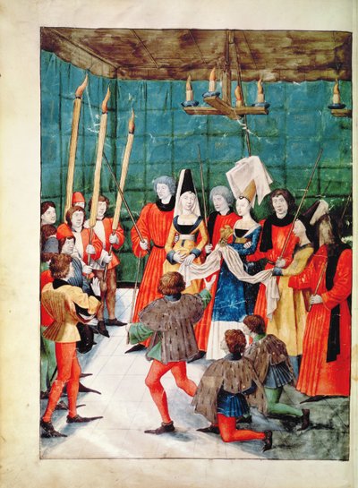 Fr 2692 f.70v Drottningen överlämnar priset för en tornerturnering, från Livre des Tournois de Rene dAnjou, c.1488-89 av French School