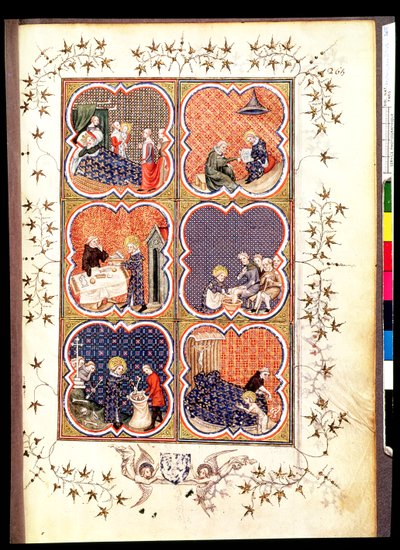 Fr 2813 f.265 Sex scener ur Saint Louiss liv (1215-70), från Grandes Chroniques de France, 1375-79 av French School