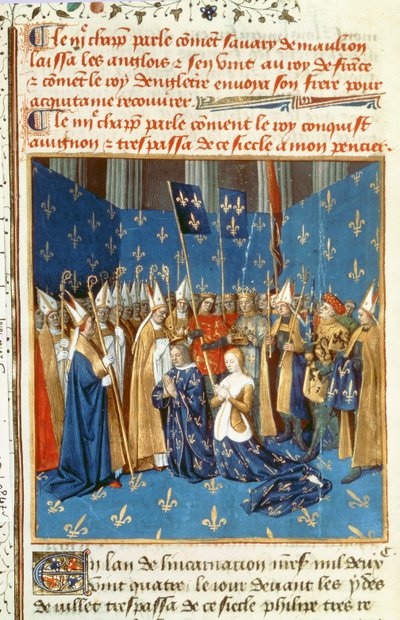 Fr 6465 f.247v Kröning av Ludvig VIII (1187-1226) och Blanche de Castile i Reims i närvaro av kungen av Jerusalem av French School