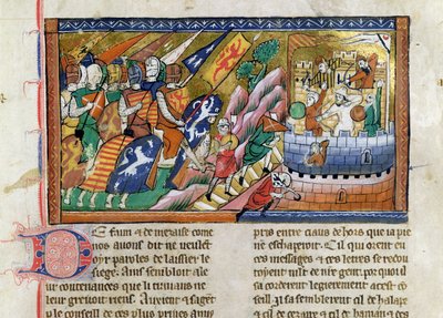 Fr 9084 f.53 En engelsk armé som anfaller ett slott, ur "Chronique de Guillaume de Tyr" (pergament) av French School