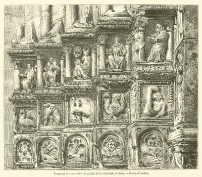 Fragment av basreliefer från portalen till Sens katedral (gravyr) av French School