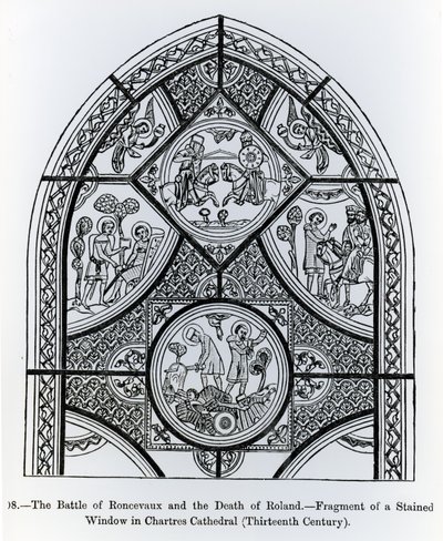 Fragment av ett målat glasfönster i Chartres katedral, föreställande slaget vid Roncevaux och Rolands död, illustration från vetenskap och litteratur under medeltiden och renässansen, författare av French School