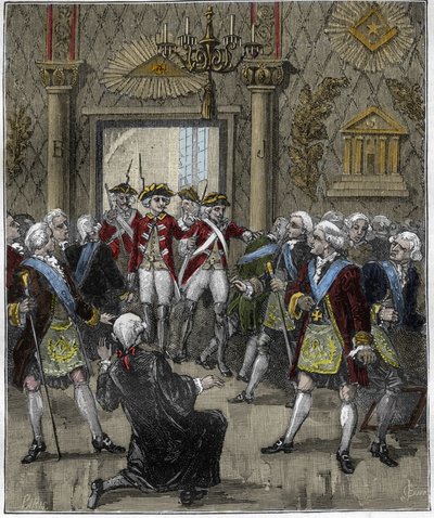 Franc-Maconnerie (Franc Maconnerie) på Hotel de Soisson i Paris i juni 1745: Franco-macon-ceremonin avbröts av ankomsten av en poliskommissarie. Gravyr i "" Paris genom århundradena "", Gourdon de Kenouillac 1880.. av French School