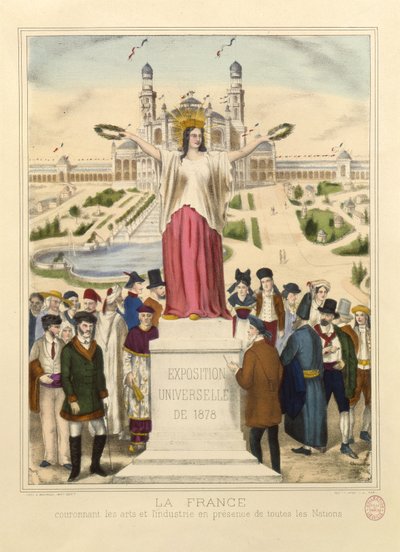 Frankrike kröner konsten och industrin med lagerkransar vid Exposition Universelle 1878 i Paris av French School
