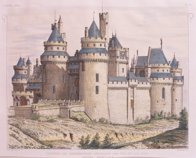 Frankrike, Pierrefonds medeltida slott, restaurerat av Violet le Duc från Moniteur des Architectes, gravyr av French School