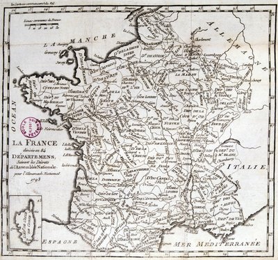 Frankrike delas in i 84 departement efter dekreten från nationalförsamlingen 1793 av French School