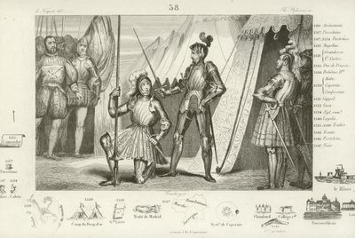 Frans I av Frankrike begär att bli adlad av Chevalier Bayard efter seger i slaget vid Marignano, Italien, 1515 av French School