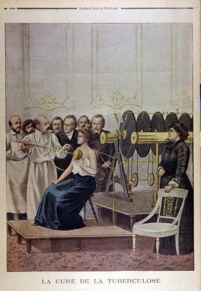Francisque Crotte behandlar en patient med tuberkulos med hjälp av elektricitet, från Le Petit Journal, 1901 av French School